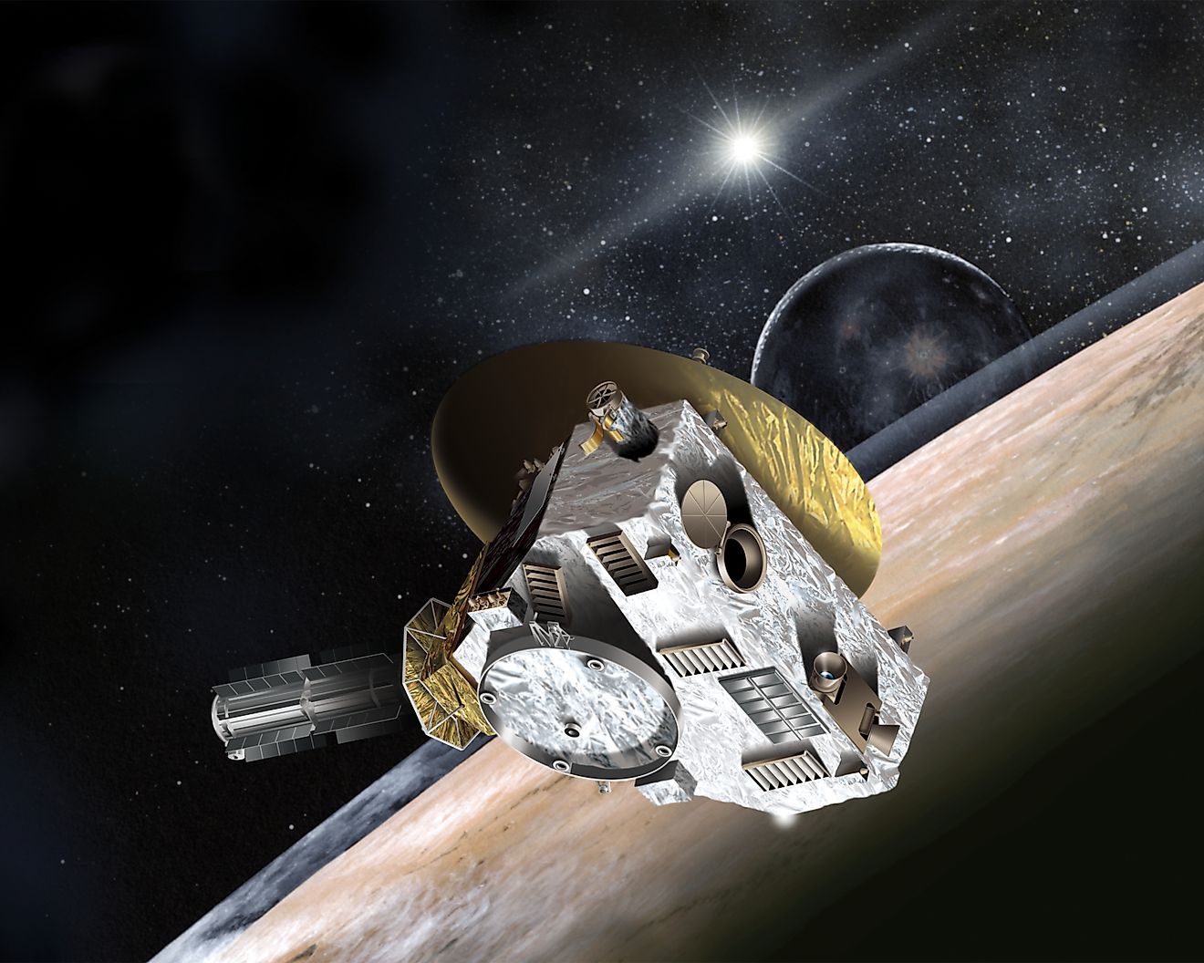Artist’s concept of the New Horizons probe flying through the Pluto-Charon system in July 2015. Johns Hopkins University Applied Physics Laboratory/Southwest Research Institute, Public domain, via Wikimedia Commons
