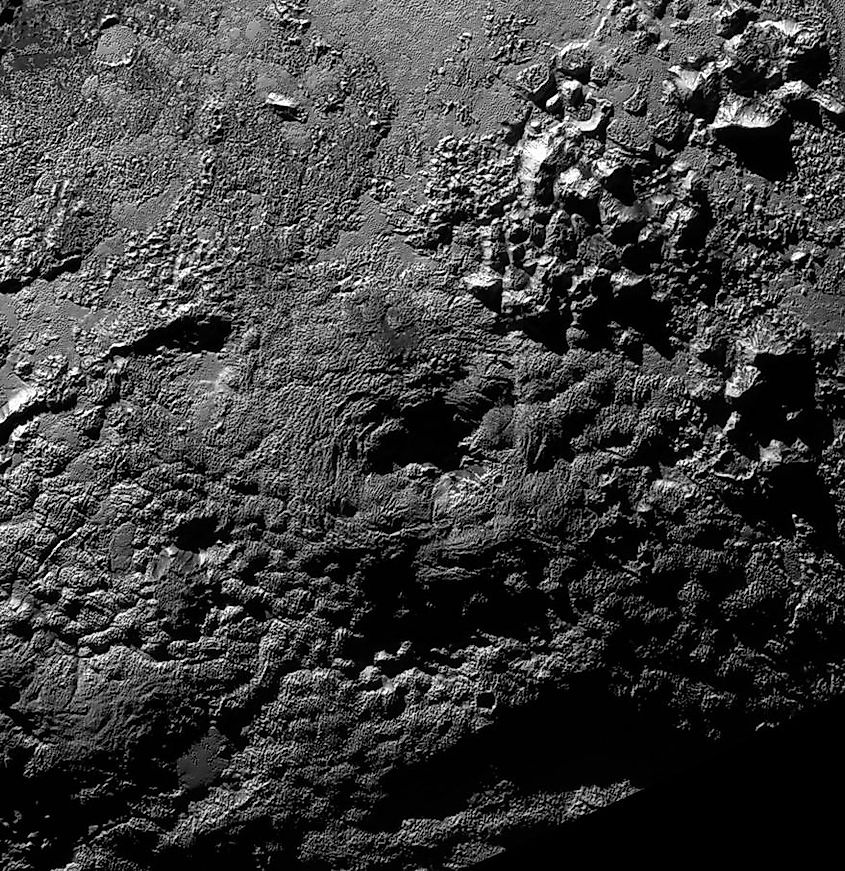 The icy surface of Pluto photographed by the New Horizons spacecraft