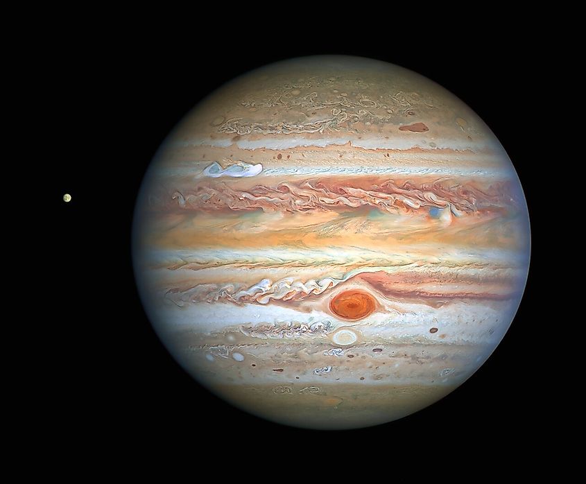 Jupiter and its banded cloud layers photographed by the Hubble Space Telescope.