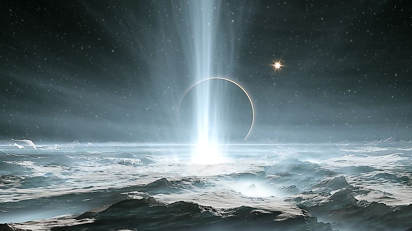 The huge geysers on Jupiter's icy moon Europa. Via Shutterstock / Peter Jurik