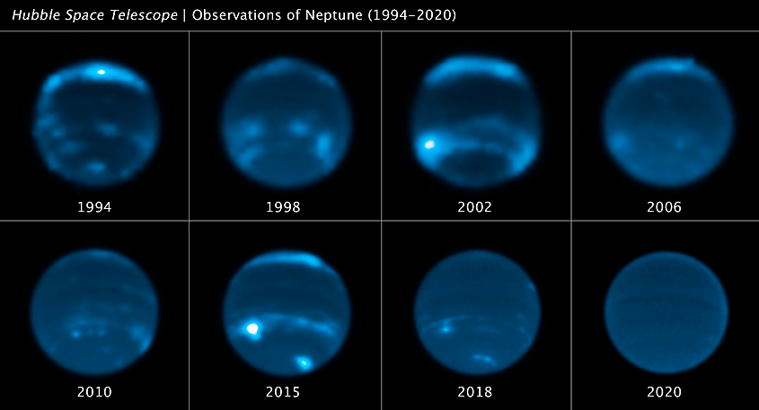 Neptune's cloud cover from 1994 to 2020. False colour image based on data from WFPC2 and WFC3 instruments of the Hubble Space Telescope.