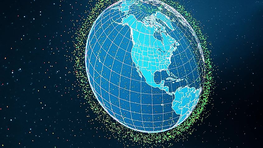 Computer screen showing real time tracking of space debris around Earth.