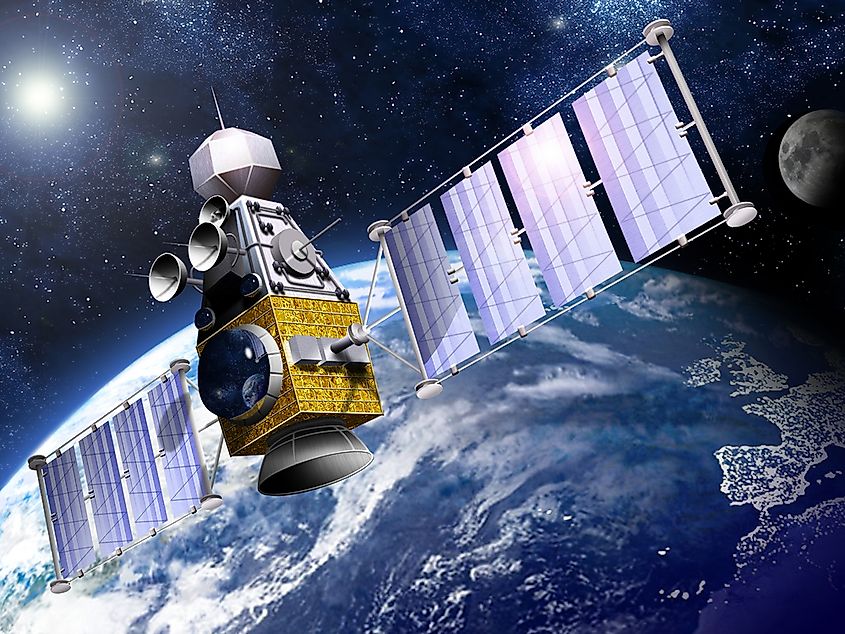 A military satellite is an artificial satellite used for a military purpose, often for gathering intelligence, as a communications satellite for military purposes, or as a military weapon. Via Shutterstock / edobric