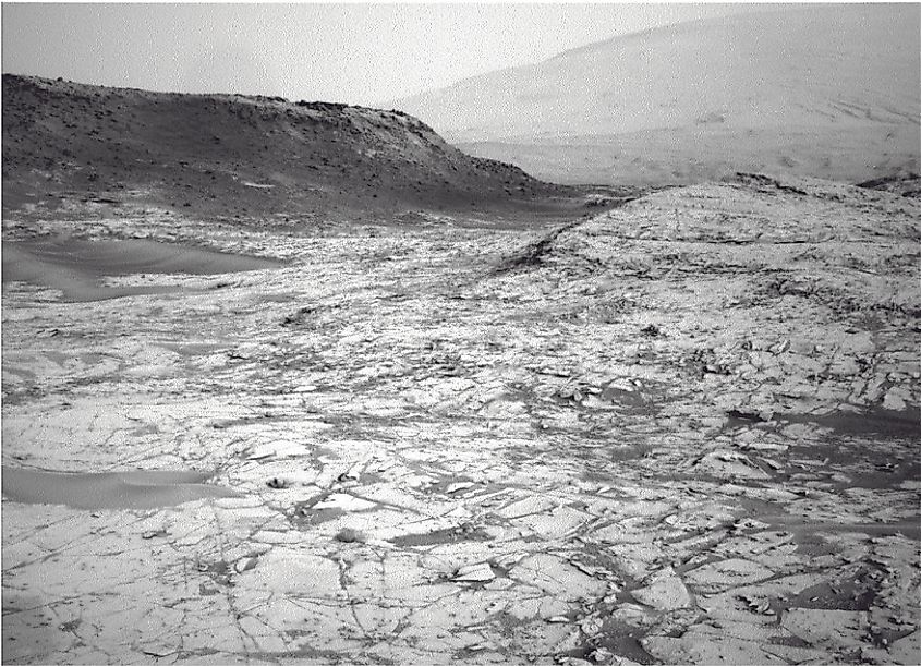 The dusty, rock-strewn surface of Mars