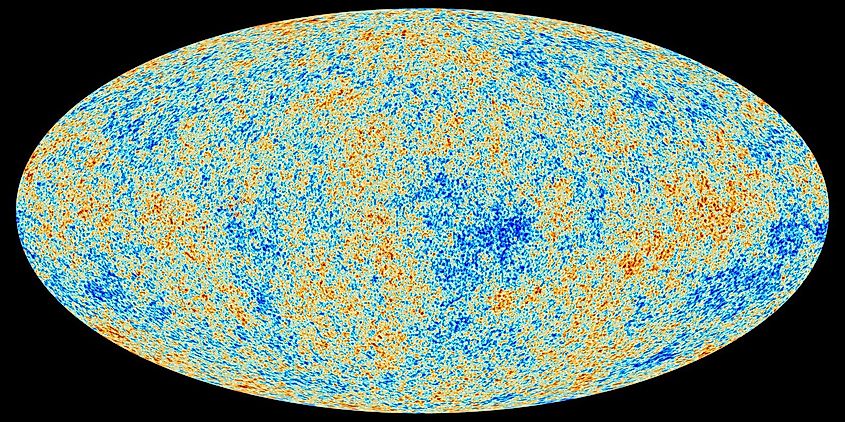 Image of the Cosmic Microwave Background Radiation, showing the universe as it was only 380,000 years after the Big Bang. The different colors represent varying densities, which were caused by cosmic inflation.