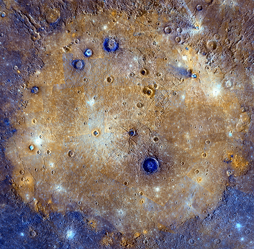 Caloris basin has been flooded by lavas that appear orange in this mosaic of Mercury.