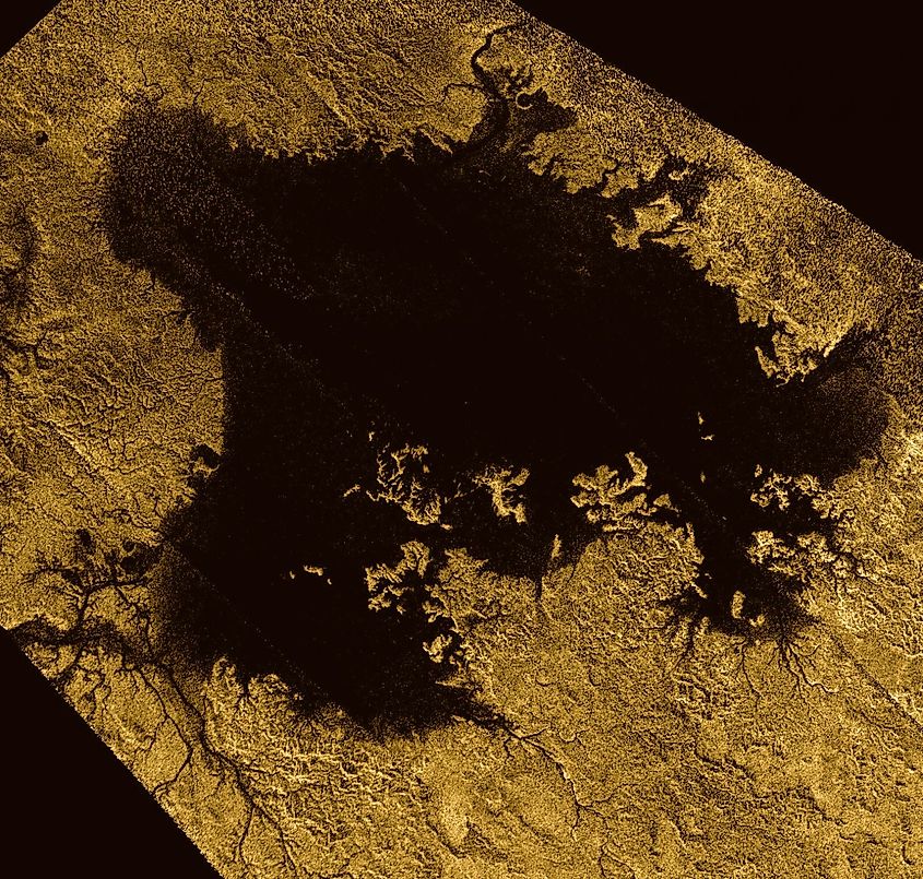 Radar-produced image of a methane sea on the surface of Titan.