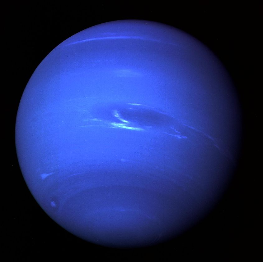 The deep blue disk of Neptune photographed by Voyager 2.