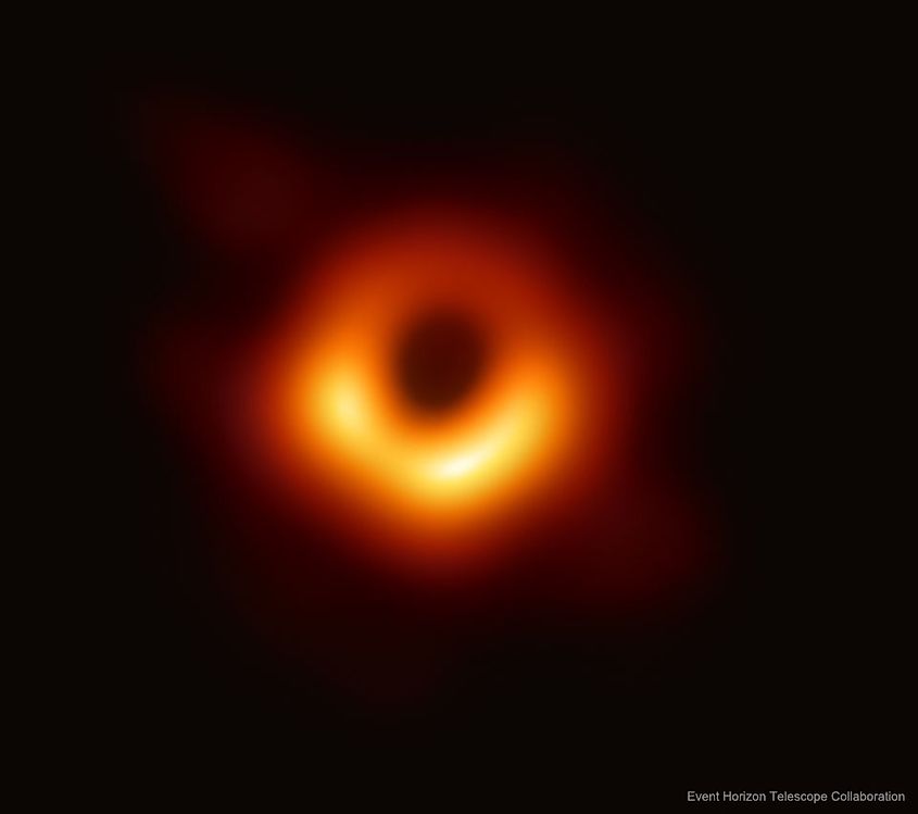 The Event Horizon Telescope image of the black hole at the center of the galaxy M87, a bright orange ring around a dark center.
