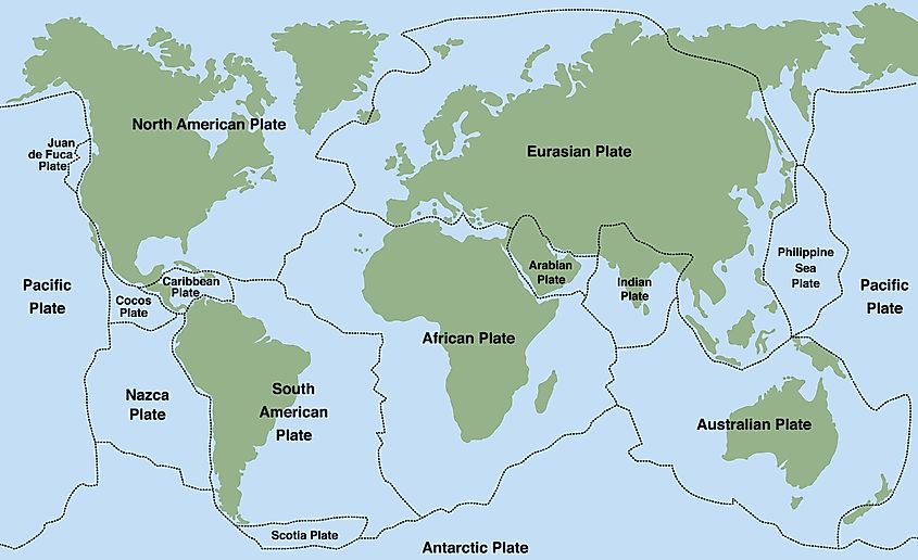 Map of the major and minor tectonic plates that make up Earth's crust.