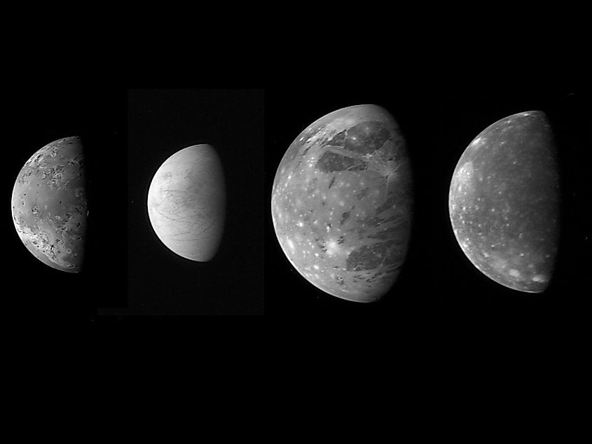 Image comparing the four Galilean moons of Jupiter. Moving from left to right, they are Io, Europa, Ganymede, and Callisto. Image credit: NASA