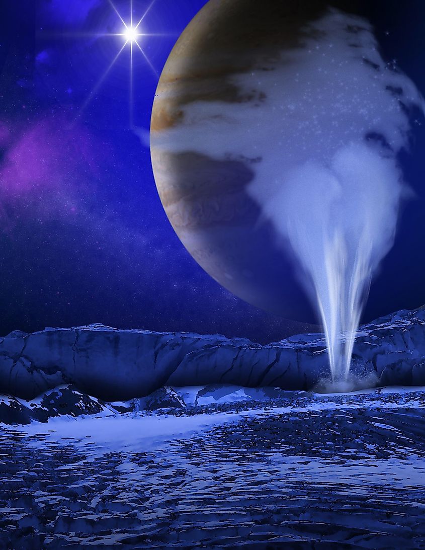 Artist's illustration of tall water geysers erupting from the icy surface of Europa