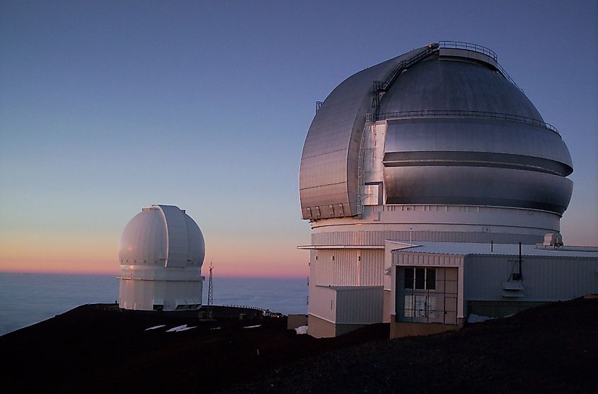 Telescope domes on the summit of Mauna Kea in Hawaii.