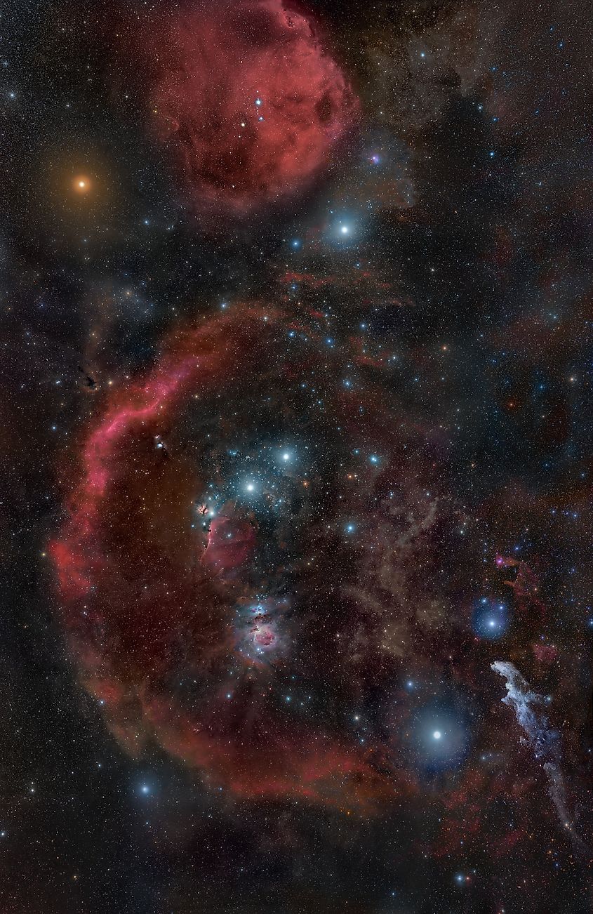Image showing Betelgeuse (top left) and the dense nebulae of the Orion molecular cloud complex.