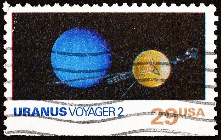 A stamp printed in the USA shows Uranus, Voyager 2, space exploration, circa 1991