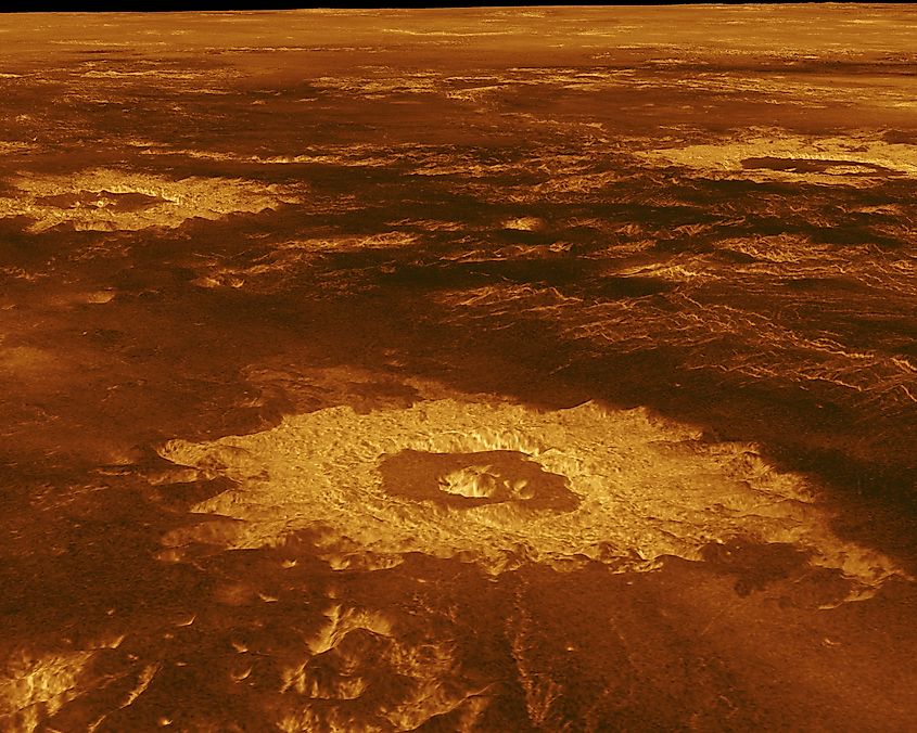 Impact craters on the surface of Venus (false-colour, 3D projection image reconstructed from radar data). 