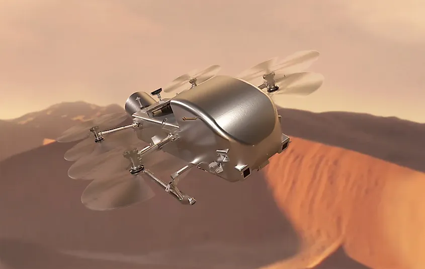 A rendered concept image of the NASA Dragonfly space probe. From a NASA press release