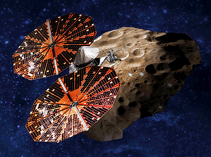 An artist’s conception of the Lucy spacecraft flying by the Trojan Eurybates. Credit:NASA/SwRI and SSL/Peter Rubin, Public domain, via Wikimedia Commons