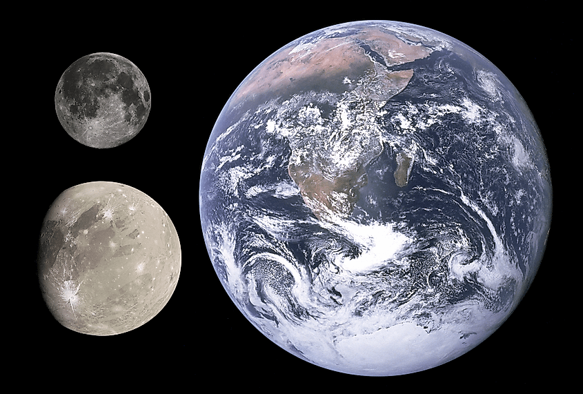Size comparison between the Earth, the Moon and Ganymede (NASA/JPL - processed by Kevin Gill, Public domain, via Wikimedia Commons)