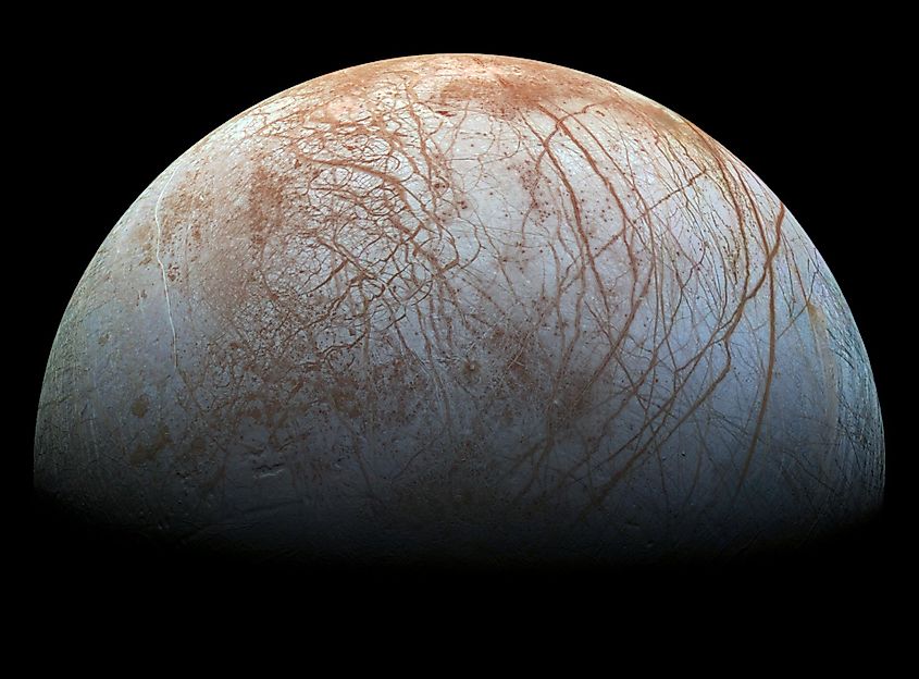 Europa photographed by the Galileo spacecraft, showing its pale mottled surface