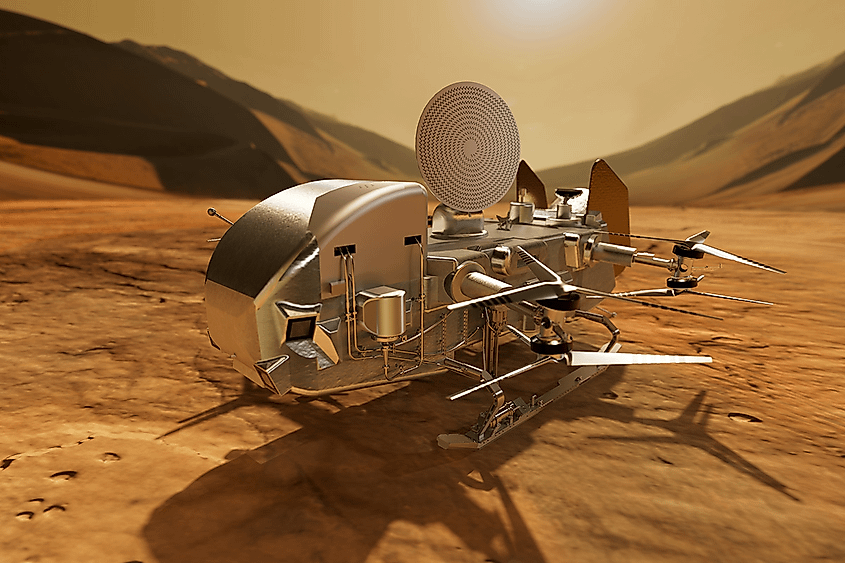 Artist's concept of NASA's Dragonfly rotorcraft lander on the surface of Titan.