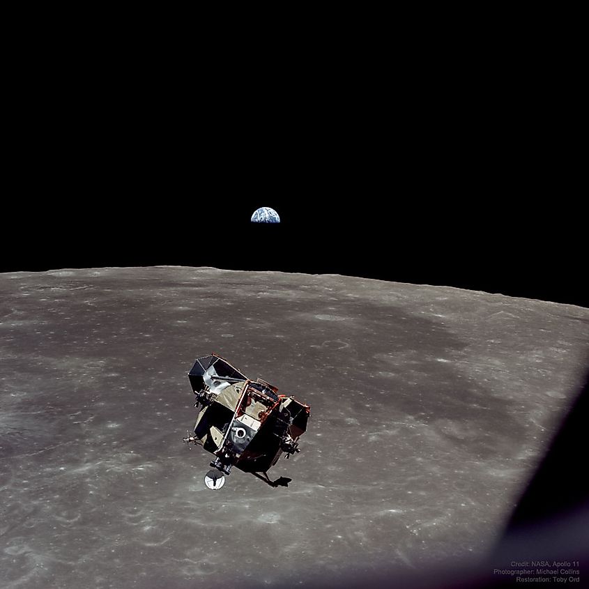 Apollo 11 lunar module on the Moon with Earth visible in the background