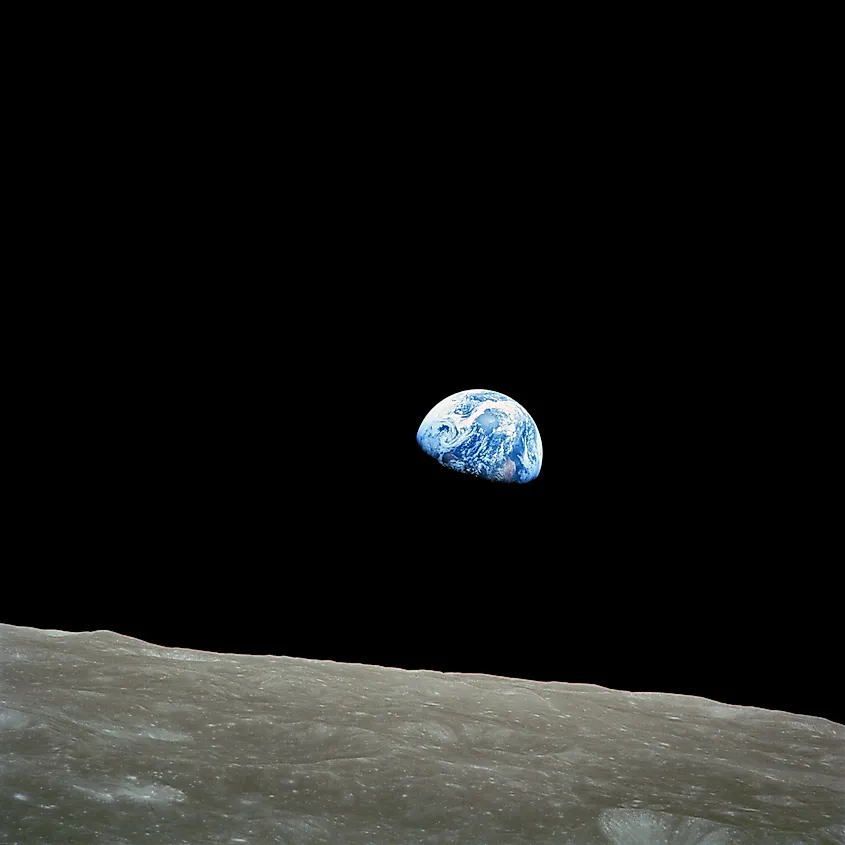 Earthrise, by NASA astronaut William Anders, the first color image of Earth taken by a human from the Moon, during Apollo 8.