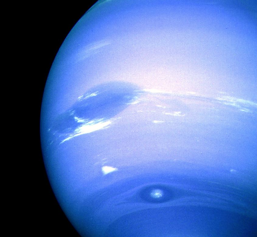The Great Dark Spot (top), Scooter (middle white cloud), and the Small Dark Spot (bottom), with contrast exaggerated.