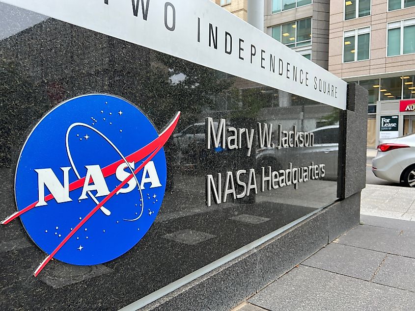View of NASA headquarters sign and insignia. The National Aeronautics and Space Administration is an independent federal agency. Via Shutterstock / DC Stock Photography