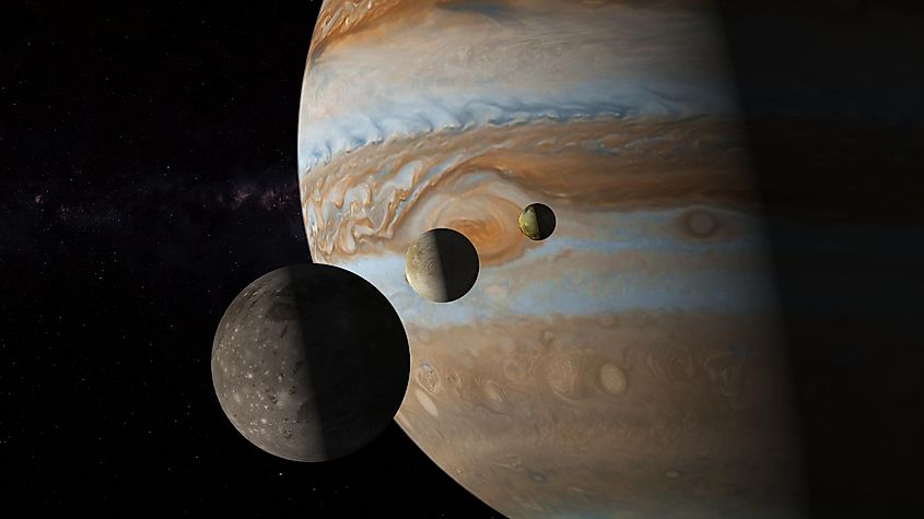 Three of Jupiter's Galilean moons, Io, Europa and Ganymede, shown together.