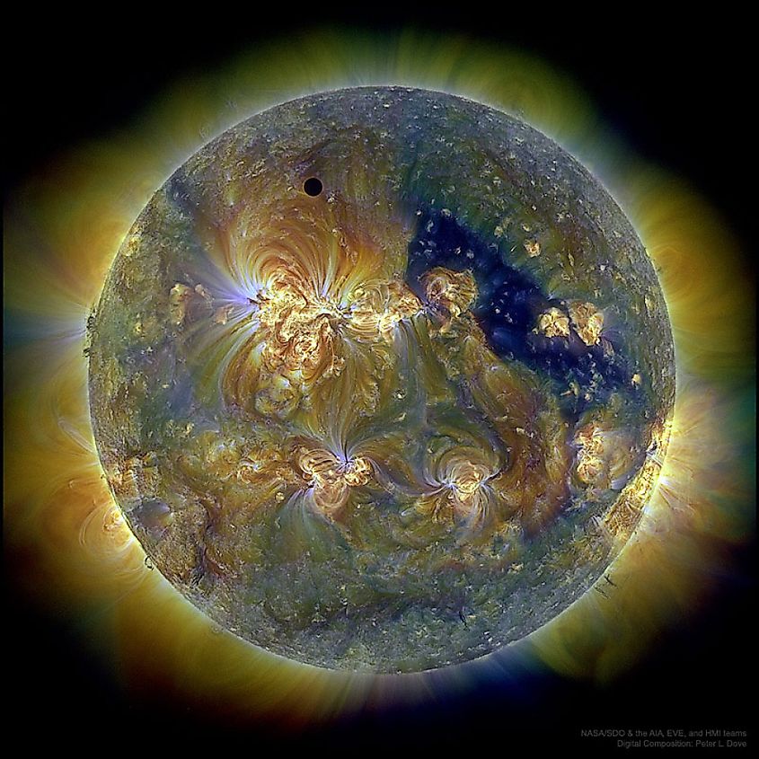 Image of Venus passing in front of the sun during a transit. Image credit: NASA/SDO, Public Domain via Wikimedia Commons