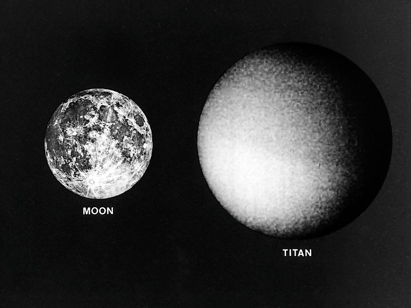 Saturn’s moon Titan and the Earth’s Moon shown at the same scale.