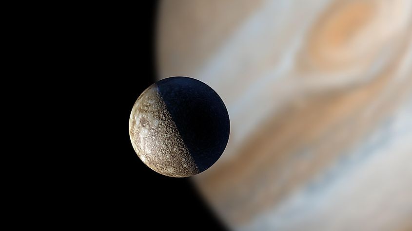 An illustration of Callisto with Jupiter in the background. Via Shutterstock / whitelion61