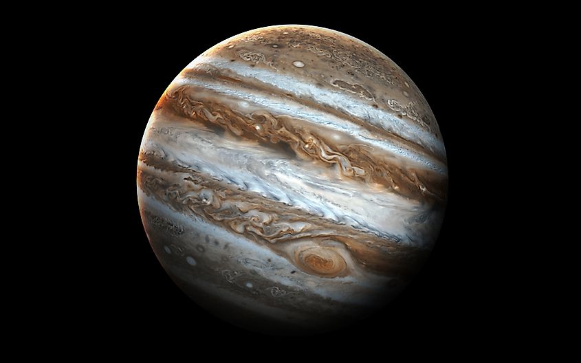 The banded cloud tops of Jupiter, the solar system's largest gas giant.