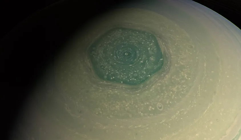 Processed using calibrated near-infrared (CB2), green, and blue filtered images of Saturn taken by Cassini.