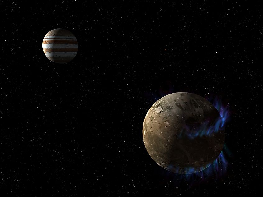 Artist concept of Ganymede and Jupiter. Image credit: NASA/ESA, Public domain, via Wikimedia Commons