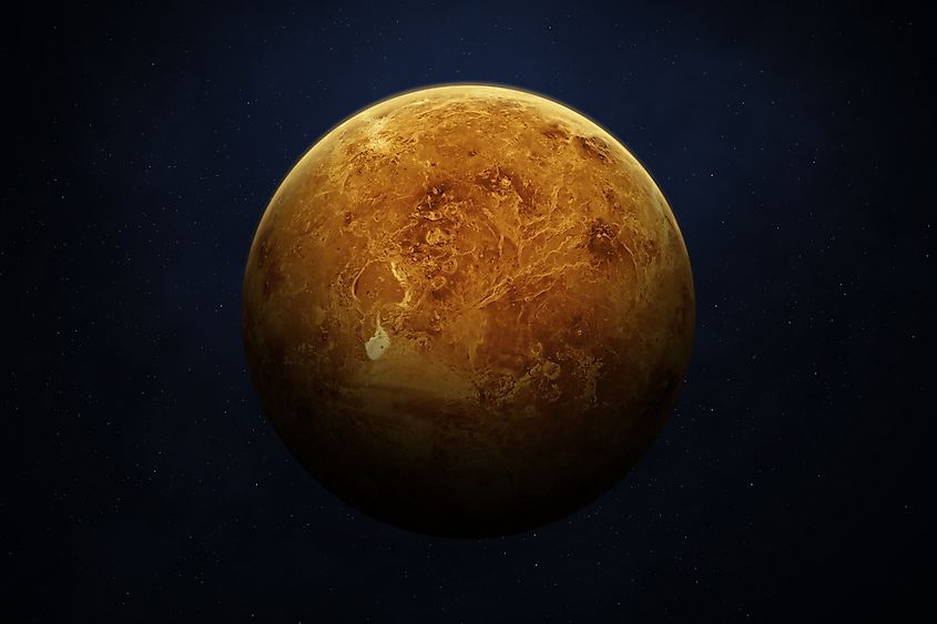 Planet Venus. Space wallpaper with Venus in outer space. Surface of the yellow planet. Exploration and colonization concept. Elements of this image furnished by NASA