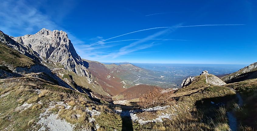 Gran Sasso and the A24 highway seen looking north-east from Vado di Corno pass, Italy.