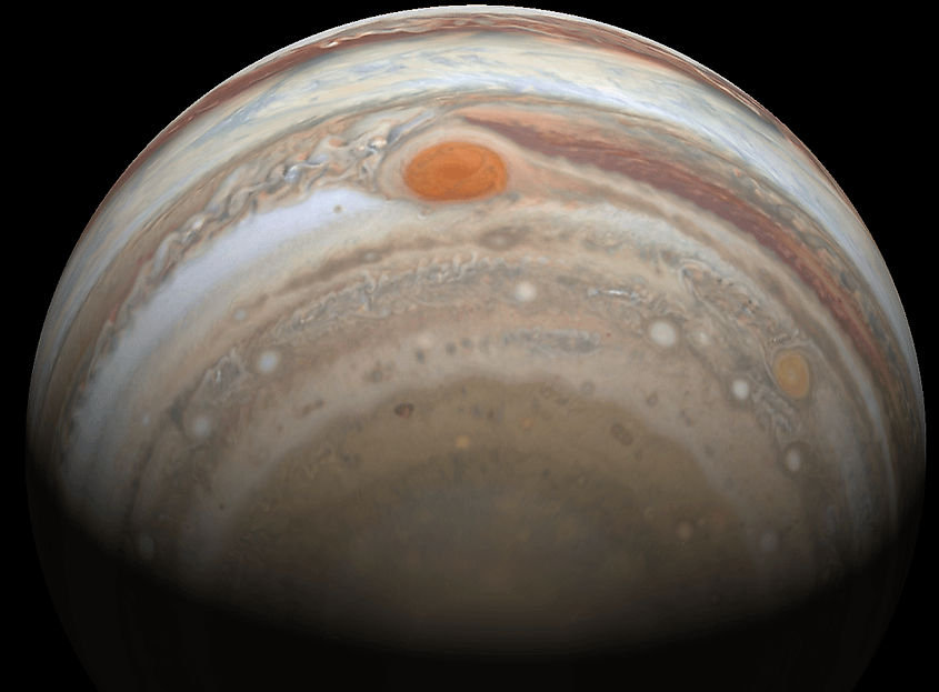 Jupiter's banded clouds and the Great Red Spot.