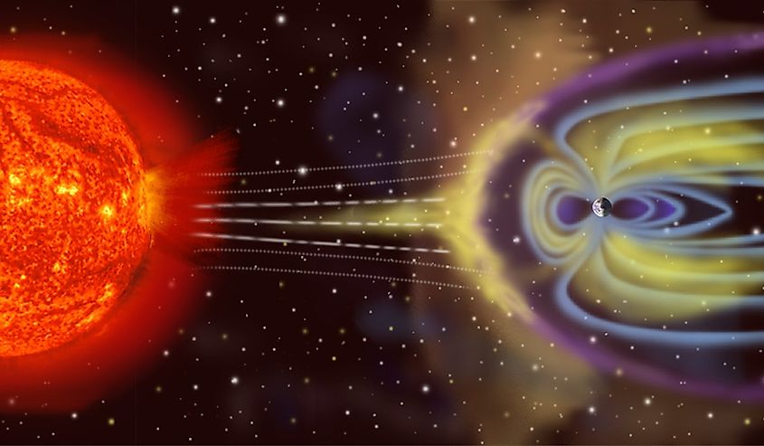 Illustration of the solar wind striking Earth's magnetosphere.
