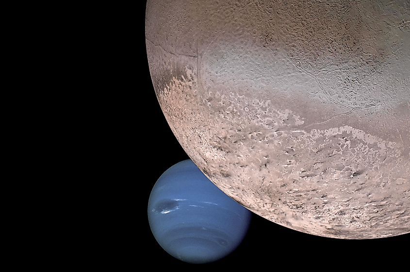 Neptune and its large moon Triton in a composite spacecraft image