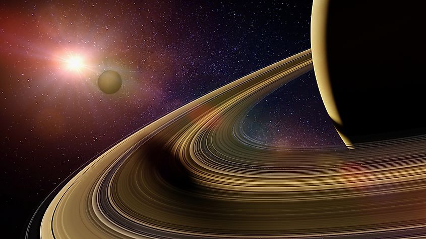 Saturn's ring system stretches roughly 175,000 miles from the planet.