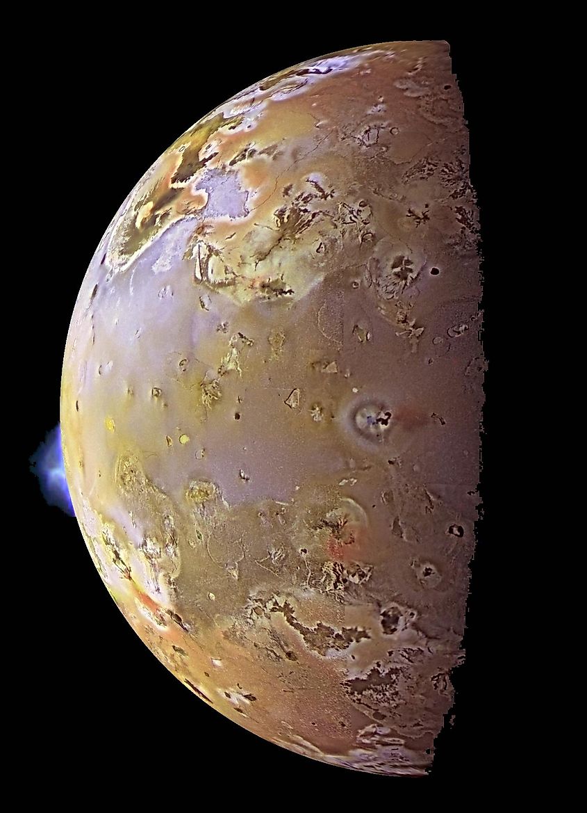 Io, with two plumes erupting from its surface, Galileo image, June 1997. 