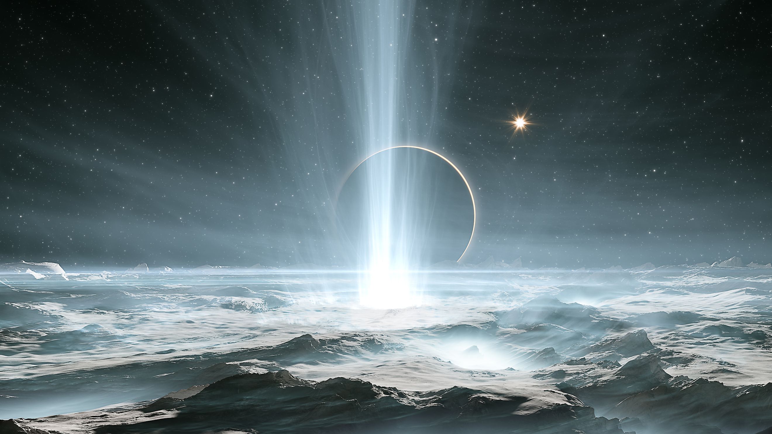 The huge geysers on Jupiter's icy moon Europa. 3d illustration