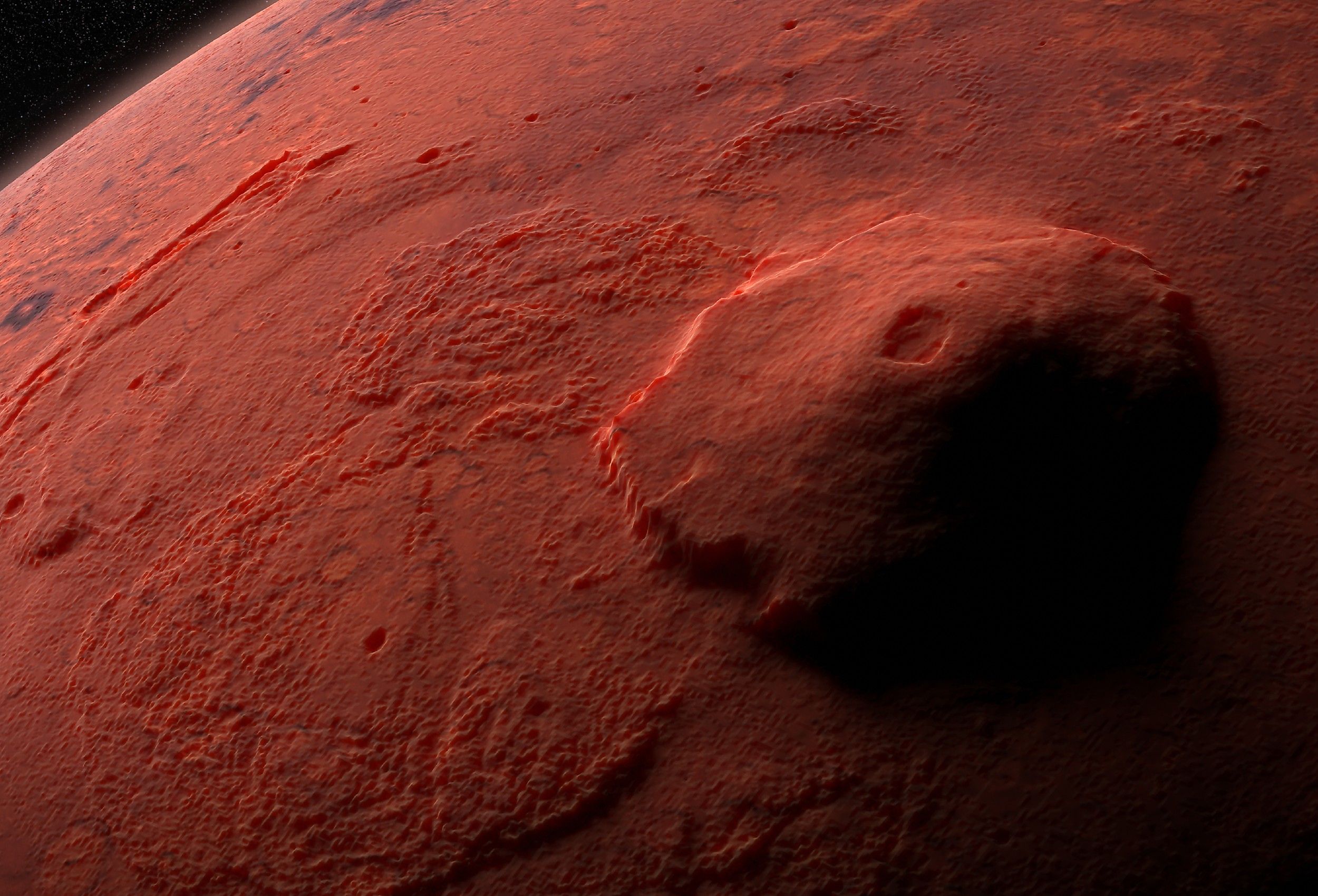 Olympus Mons, volcano on planet Mars, largest volcano in the Solar System.