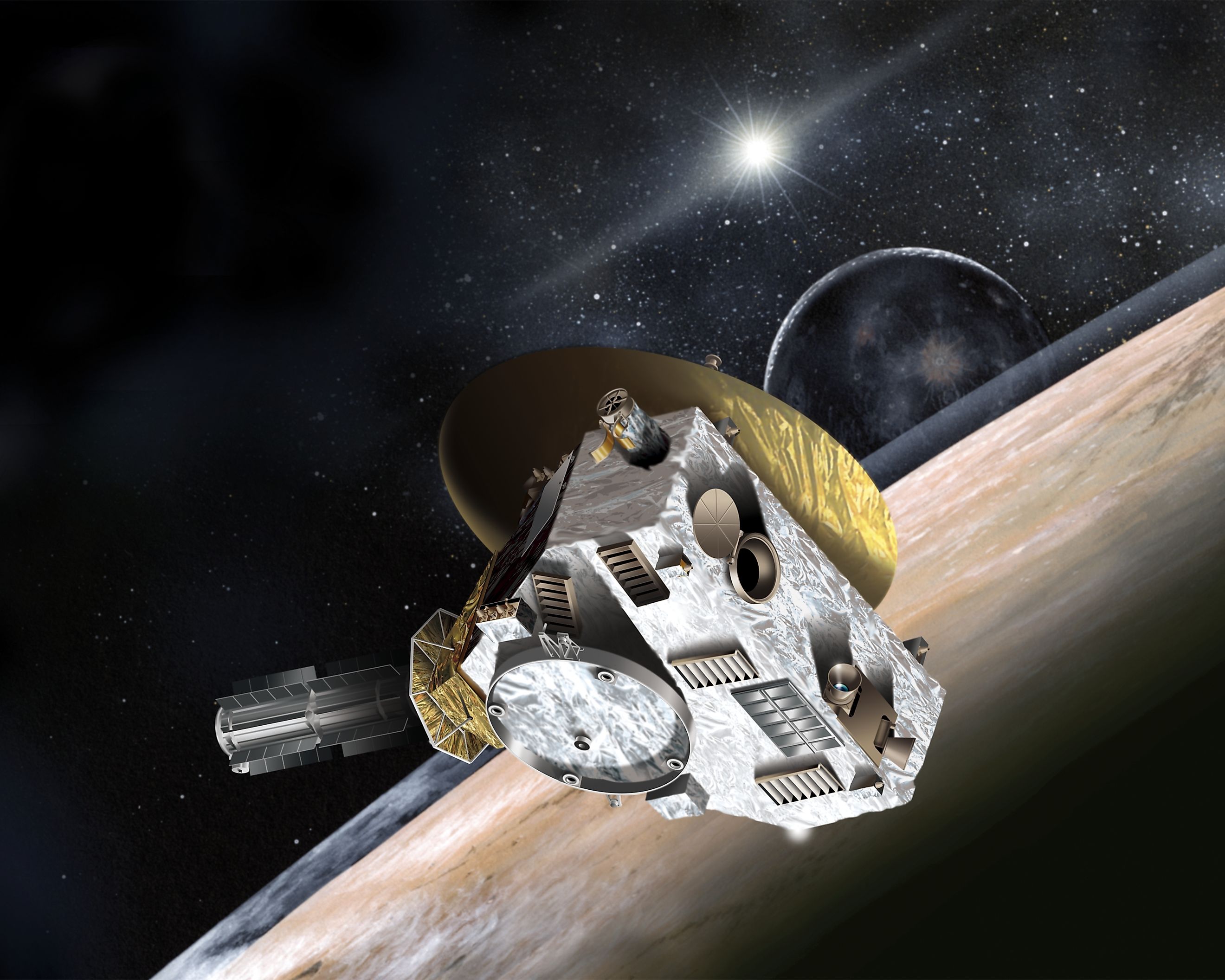 Artist’s concept of the New Horizons probe flying through the Pluto-Charon system in July 2015. Johns Hopkins University Applied Physics Laboratory/Southwest Research Institute, Public domain, via Wikimedia Commons