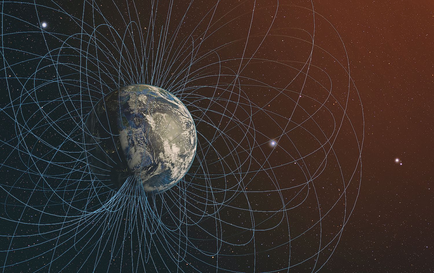 `3D rendering of Planet Earth's magnetic field. Elements of this image furnished by NASA. Image credit: Janez Volmajer/Shutterstock.com